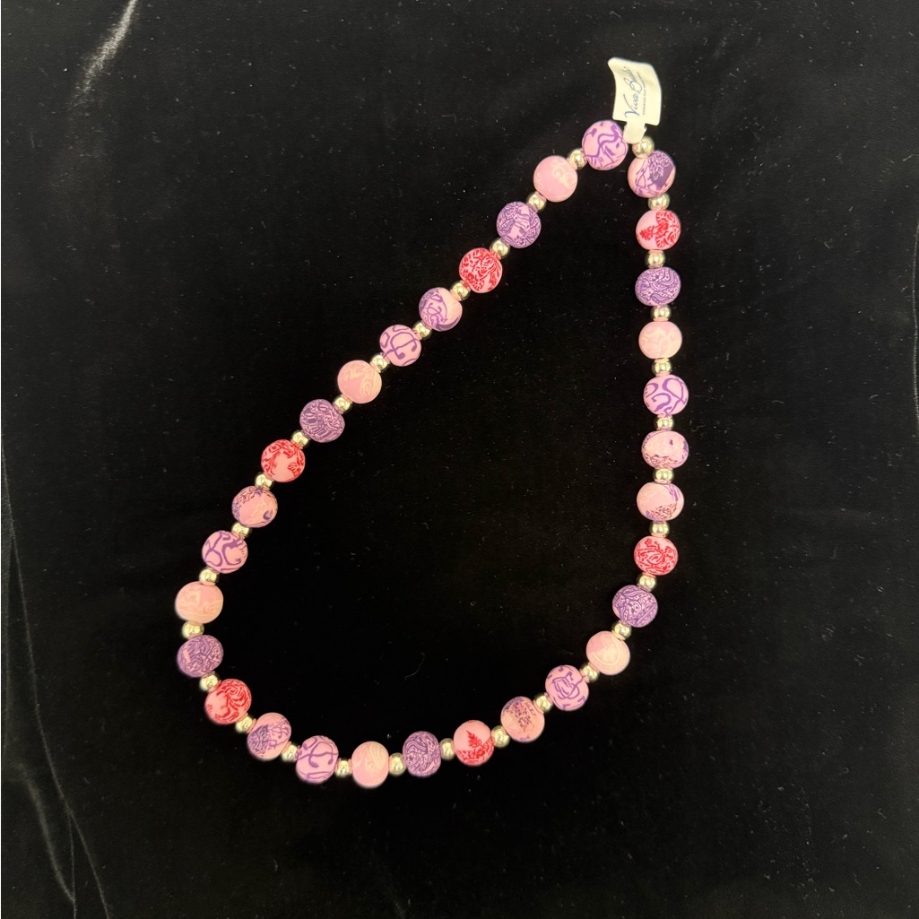 Vibrant Pink And Purple Beaded Clay Necklace 11$